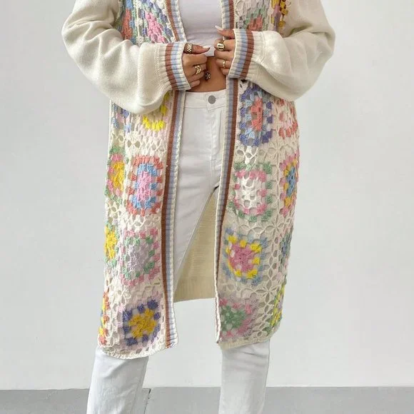 Multicolor Casual Womens Geo Pattern Drop Shoulder Open Front Cardigan - Picture 4 of 5